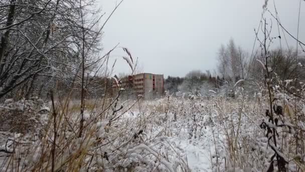 Un edificio abbandonato dai tempi dell'URSS in inverno in un luogo ricoperto di vegetazione. rimosso dalle mani — Video Stock