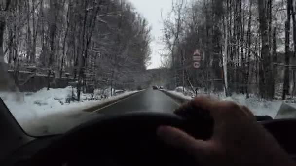 Mans χέρι οδηγεί ένα αυτοκίνητο σε μια χειμωνιάτικη χιονισμένη μέρα σε έναν ασφαλτοστρωμένο δρόμο σε ένα χιονισμένο πυκνό δάσος, θέα πρώτου προσώπου. POV — Αρχείο Βίντεο