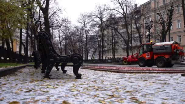Moskau, Russland Dezember 2020: Kommunale Sonderdienste reinigen den Park gleich zu Beginn des Winters. Dolly-Kamerafahrt — Stockvideo