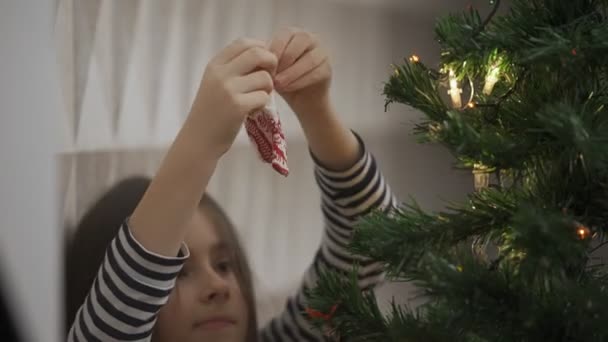 Adolescente décore un arbre de Noël avec un jouet sous la forme d'un pull de couleur tricoté. gros plan — Video