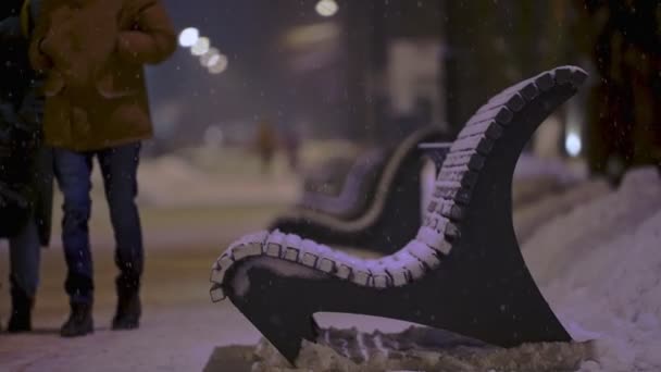 Bancos de rua vazios no parque durante a queda de neve pesada à noite. as pessoas querem ao redor — Vídeo de Stock