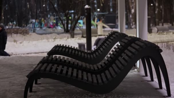 Utomhus bänkar i form av solstolar i parken under ett snöfall på natten — Stockvideo