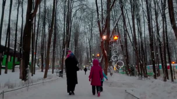 Una mujer joven con su hijo y su hija están caminando en un invierno nevado en un parque decorado festivo. vista posterior — Vídeo de stock