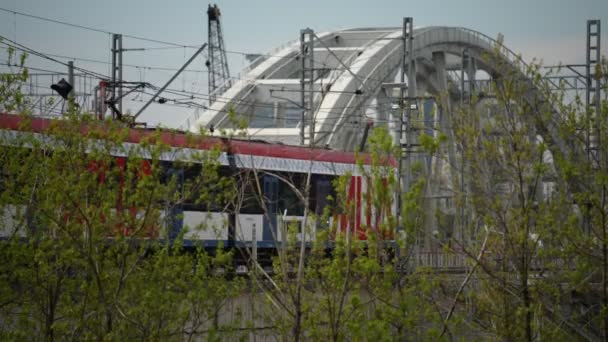 Приміський сучасний електропоїзд їде через міст у мальовничому місці мегаполісу влітку — стокове відео