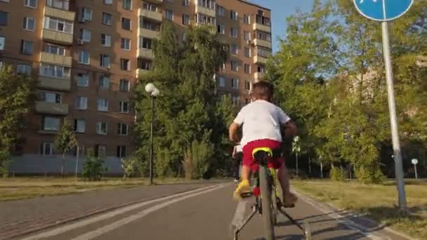 Um menino famoso monta uma bicicleta das crianças em um trajeto da bicicleta no verão. Vista traseira — Vídeo de Stock