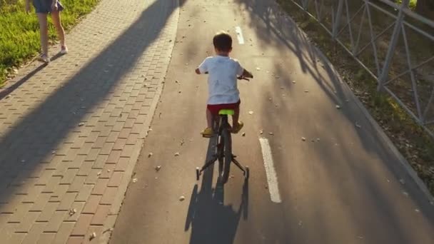 Un petit garçon fait du vélo pour enfants sur une piste cyclable en été. Vue arrière — Video