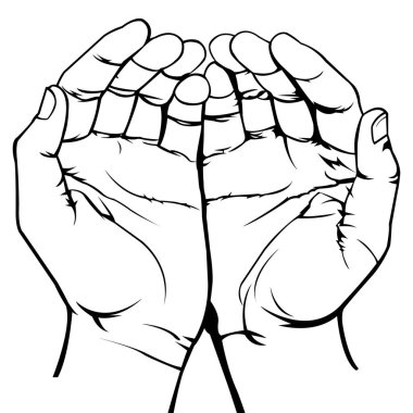 Açık el hareketi. Ellerini aç. El çizimi. Siyah beyaz çizim. Özet geç. Müslüman duası. Tanrı 'ya dua et. Dua sembolü.