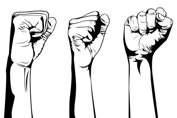 Simple black and white illustration of three hands that raise their fists up on white background. Human hands. Male Hands.Woman Hands. Body part. The Demonstrator. The warrior. Human rights .