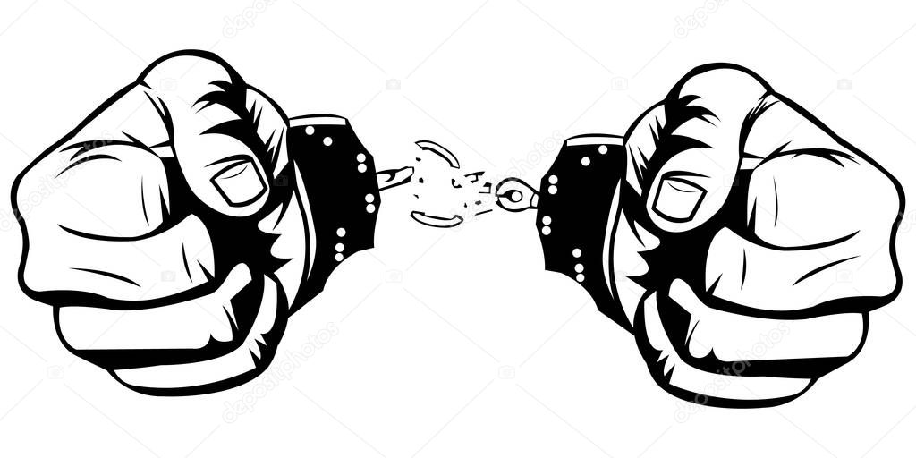 Simple Black and White Illustration of two hand are free from handcuffs on white background. Prisoner hands. A punishment. Human hands. Body part. A freedom.