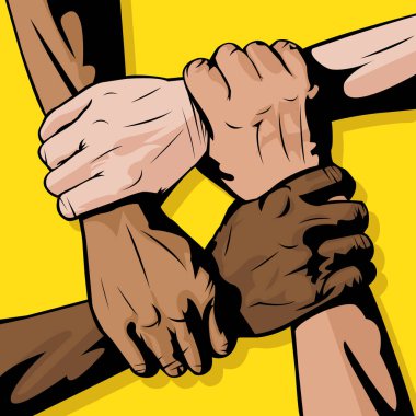 Sarı arka planlı ırklar arası birlikteliğin vektör illüstrasyonu. Farklı ten rengi. Deri rengi. Dostluk günün kutlu olsun. Arkadaşlık bağı. Birlikte çalışalım. Sadık dostlar..
