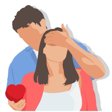 Bir adamın basit düz çizimi sevgilisine kalp şeklinde bir hediye kutusuyla sürpriz yapar. Kız Arkadaşları Günü. Sevgililer günün kutlu olsun. Yıldönümü kutlaması.