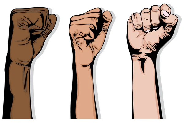白い背景に彼らの拳を上げる3つの異人種間の手のシンプルなイラスト 人間の手だ 男性の手女性の手 体の部分 デモ隊だ 戦士だ — ストックベクタ