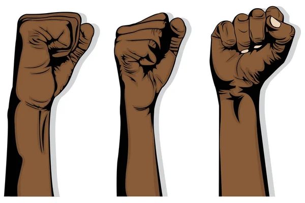 Eenvoudige Illustratie Van Drie Zwarte Handen Die Hun Vuisten Opheffen — Stockvector