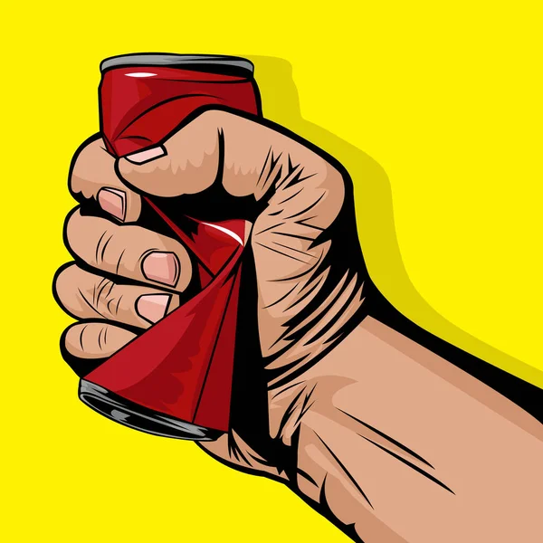 Vector Illustratie Van Hand Knijpen Een Rood Blik Verpletter Een — Stockvector