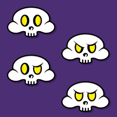 Kafatası 'nın basit bir temsili ve mor arka planda birçok ifadesi var. Cadılar Bayramı Partisi. 31 Ekim.