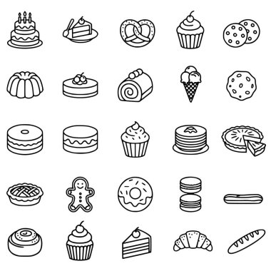 Bu, 25 farklı ortak tatlı ve pişmiş yiyeceğin yer aldığı siyah-beyaz bir çizgi sanat koleksiyonu. Sette çeşitli kekler, kurabiyeler, pastalar, ekmek ve dondurma yer alıyor ve bunu yemek ve fırın temaları için çok yönlü bir kaynak haline getiriyor.. 