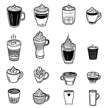Bu, 16 adet el yapımı kahve ve latte ikonundan oluşan bir koleksiyon. Temiz, siyah ve beyaz bir taslak şeklinde sunuluyor. Çizimlerde krem şanti veya köpük tasarımlarıyla süslenmiş çeşitli kahve içecekleri yer alıyor, kafe için mükemmel. 