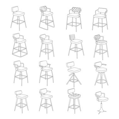 On altı farklı bar taburesi ve tabure koleksiyonunu gösteren ayrıntılı bir çizgi çizimi. Tasarımlarda döşenmiş koltuklar, sırtlar ve kolçaklar da dahil olmak üzere çeşitli stiller yer alıyor.,