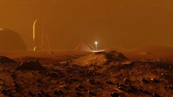 Mars Alien Landscape Roter Und Staubiger Planet Raumschiff Und Raumstation — Stockfoto