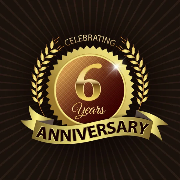Celebrating 6 Years Anniversary, Golden Laurel Wreath Seal with Golden Ribbon — Stock Vector
