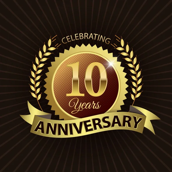 Celebrating 10 Years Anniversary, Golden Laurel Wreath Seal with Golden Ribbon — Stock Vector