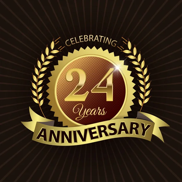Celebrating 24 Years Anniversary, Golden Laurel Wreath Seal with Golden Ribbon — Stock Vector