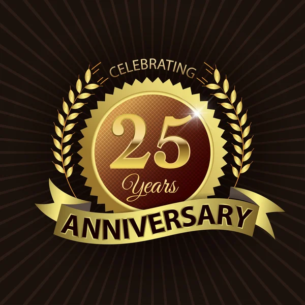 Celebrando 25 Años Aniversario, Sello de Corona de Laurel de Oro con Cinta de Oro — Vector de stock