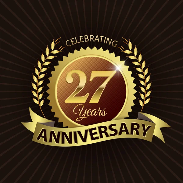 Celebrando 27 Anos de Aniversário, Golden Laurel Wreath Seal com Fita de Ouro —  Vetores de Stock