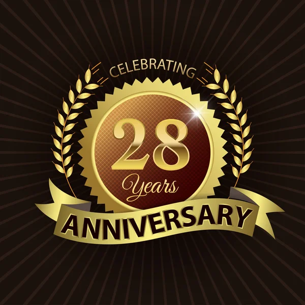 Celebrando 28 anni di anniversario, guarnizione della corona di alloro dorata con nastro dorato — Vettoriale Stock
