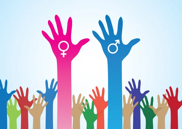 色彩缤纷的手与男性和女性的象征 — 图库矢量图片