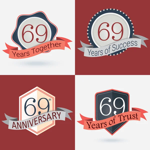 69e anniversaire - Série de timbres rétro et sceau — Image vectorielle