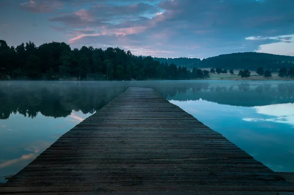 Wooden Jetty Pier Lake Sunrise One View Room Text — Stock Photo, Image