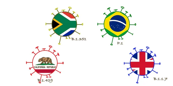 Coronavirus Mutationen Oder Varianten Brasilianisch Englisch Südafrikanisch Und Kalifornisch — Stockfoto