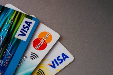 L'isle sur la sorgue France ,03 04 2021 , visa and mastercard credit cards editorial ,