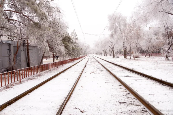 Trilhas Bonde Cobertas Neve Cidade Volgograd Rússia — Fotografia de Stock