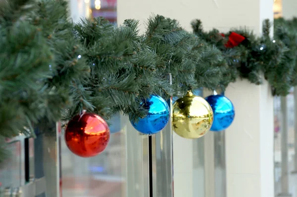 New Year's spheres on fir-tree branches — Stock Photo, Image