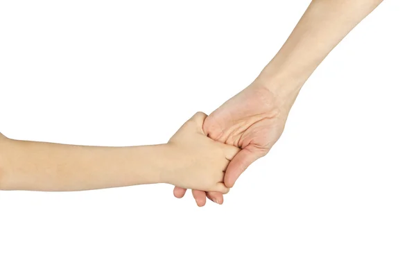 Kind und erwachsene weibliche Hände, die sich isoliert über wh halten — Stockfoto