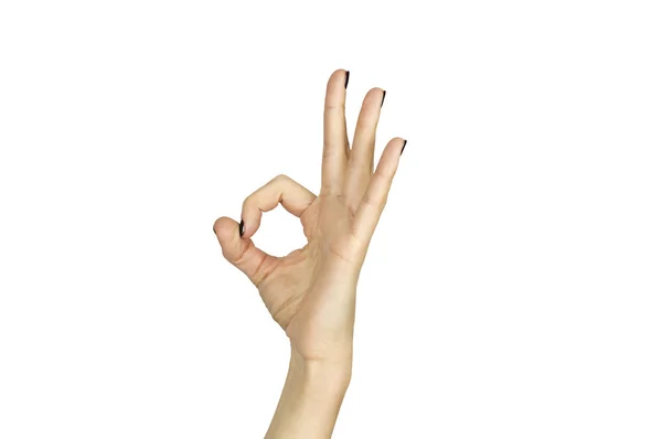 Mão feminina fazendo ok sinal isolado sobre branco — Fotografia de Stock