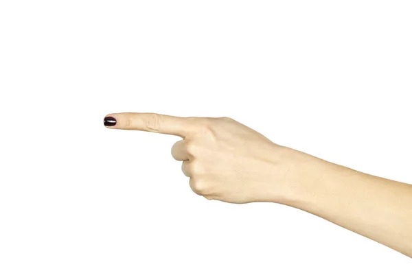 Женская рука с указательным пальцем на белом — стоковое фото