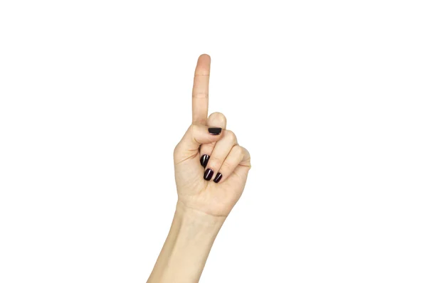 Женская рука показывает знак номер один изолирован над белым — стоковое фото