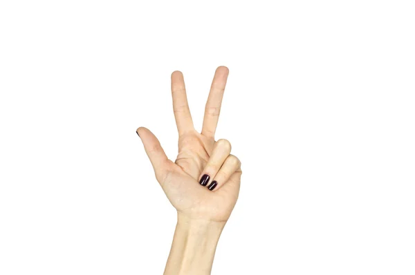 Жіноча рука, що показує номер три знака ізольовано над білим — стокове фото