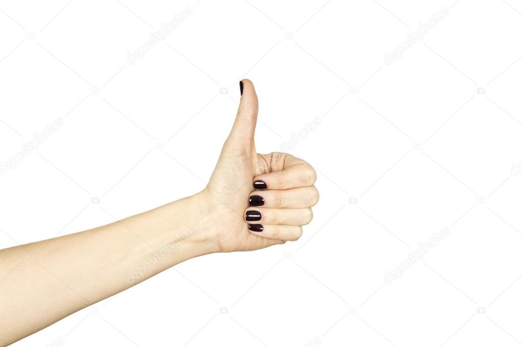 female hand making ok sign with thumb up isolated over white