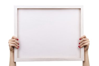 holding beyaz boş tahta üzerinde beyaz izole kadın eller