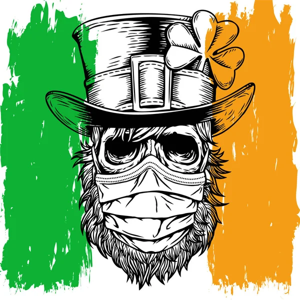 帽子とクローバーを持つアイルランドの頭蓋骨、アイルランドの聖パトリックの日のための医療面の流行の検疫休日。手描きのアートベクトル。ヴィンテージデザインTシャツ. — ストックベクタ