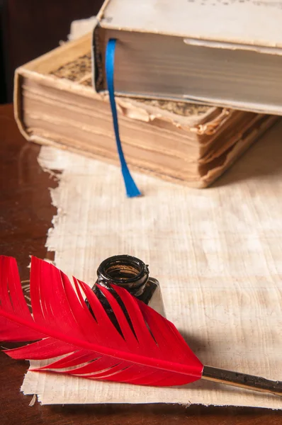 Pluma de pluma y papel de papiro — Foto de Stock