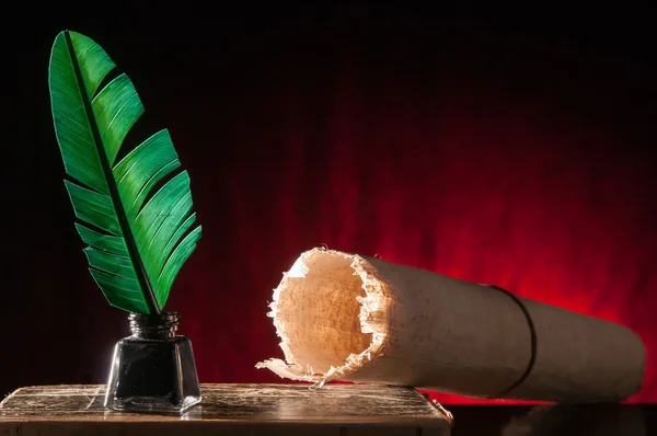 Pluma de pluma y hoja de papiro — Foto de Stock