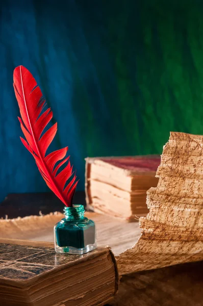 Pluma de pluma y hoja de papiro — Foto de Stock