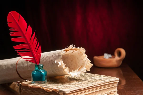 Pluma de pluma y hoja de papiro — Foto de Stock