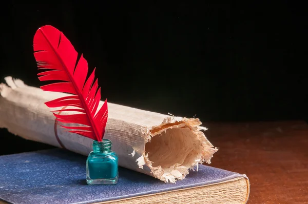 Pluma de pluma roja y hoja de papiro — Foto de Stock