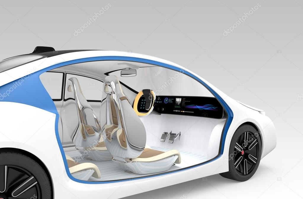 Autonomous car's interior concept. The car offer folding steering wheel, rotatable passenger seat.